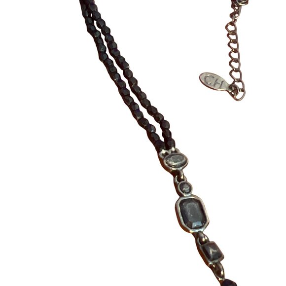 Chaps Black Y Necklace Teardrop Double Strand Rhinestones Gothic Emo Adj 17" - Picture 3 of 4